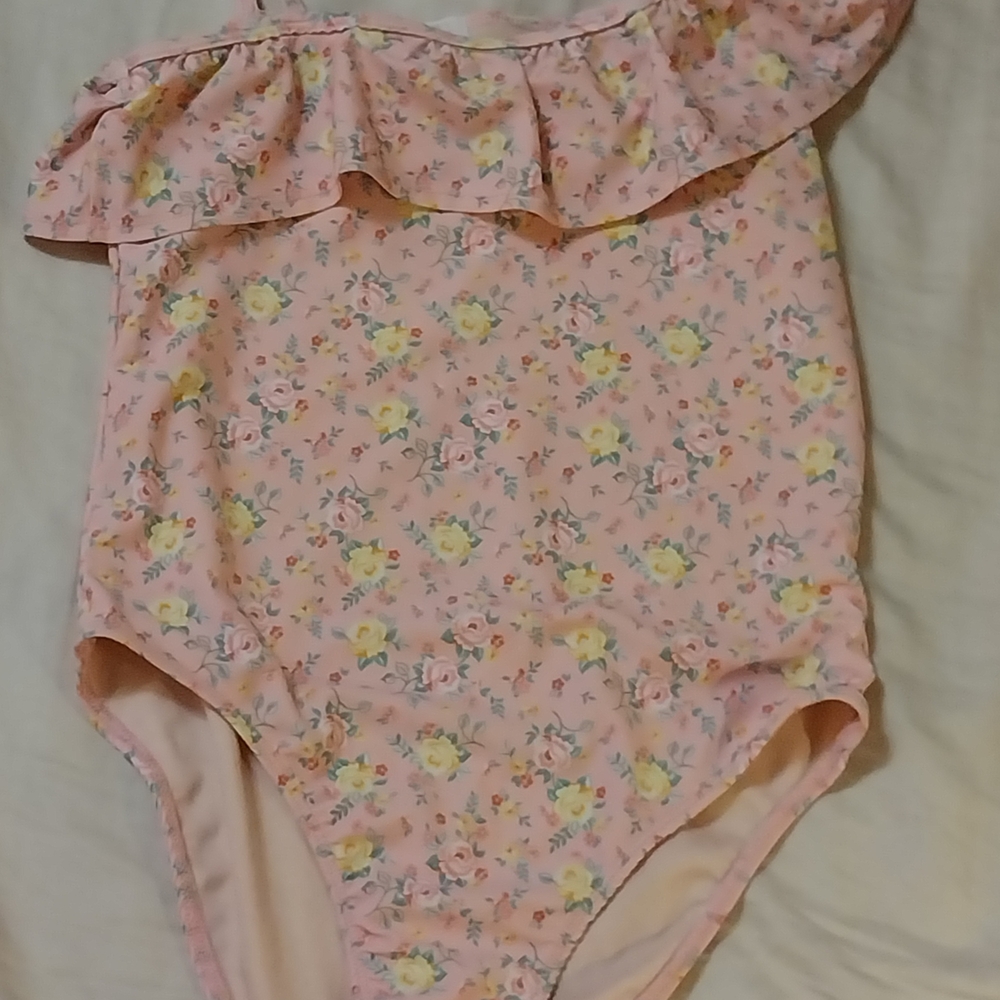 Pink and Yellow Floral One Piece Swimsuit with Ruffled Neckline